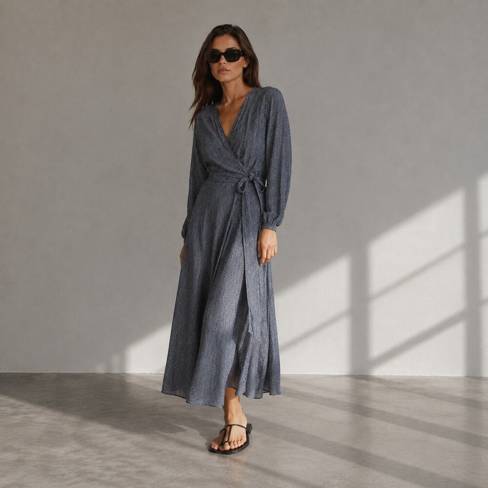 Amy Kuschel Linen Wrap Midi Dress Womens XS Blue Long Sleeve V-neck Maxi